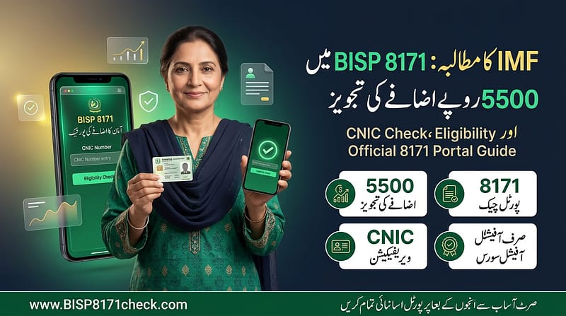 Pakistani woman holding CNIC and phone beside 8171 portal screen for BISP 5500 rupees increase proposal update